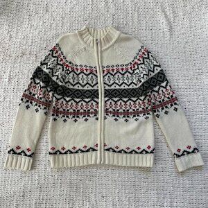 Vintage Women's Zip Up White Knit Sweater - Size Medium